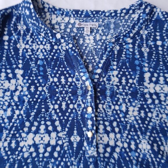 Kate Park Women's Size XL Blue White Blouse Top 3/4 Sleeve Lightweight Packable - Picture 2 of 8
